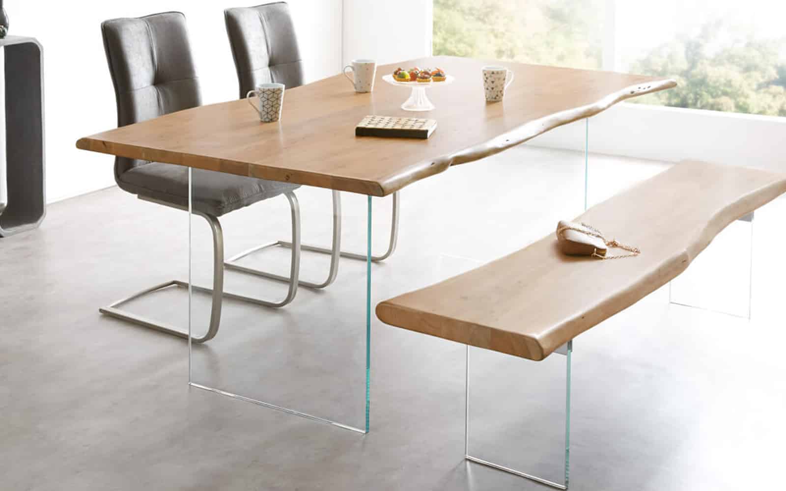 Masă Dining Roger, Stejar, Picioare Sticlă, 200/220/240/260 x 100 x 78 cm