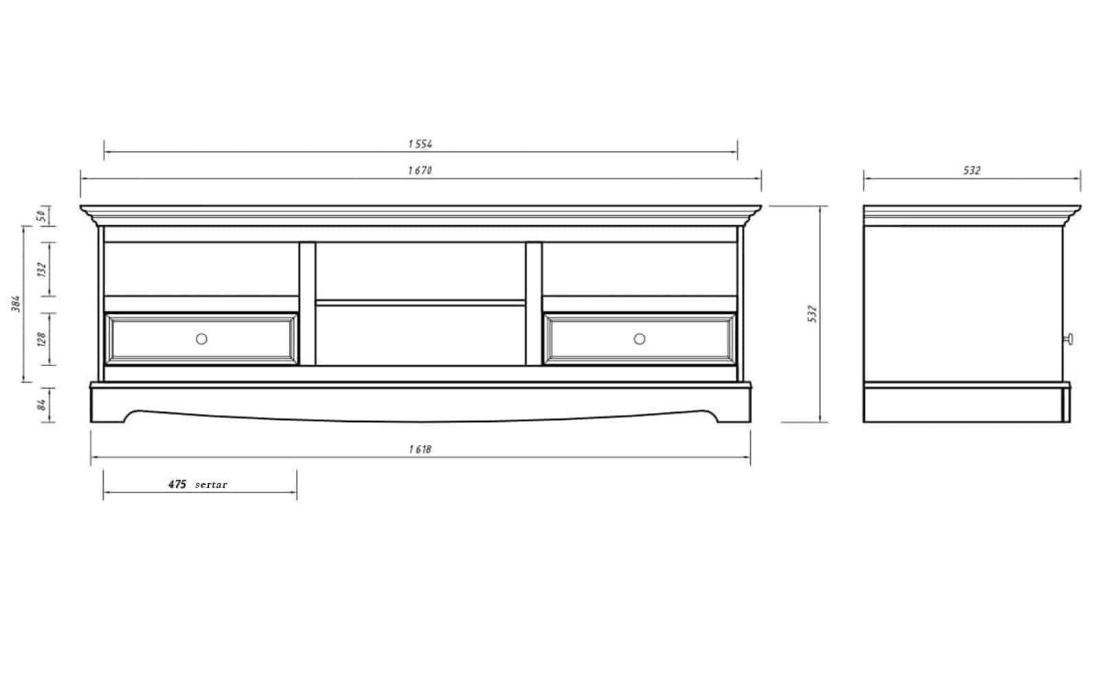 Comodă TV Linea, Lemn Masiv, 167x53x53cm, Alb-Nuc