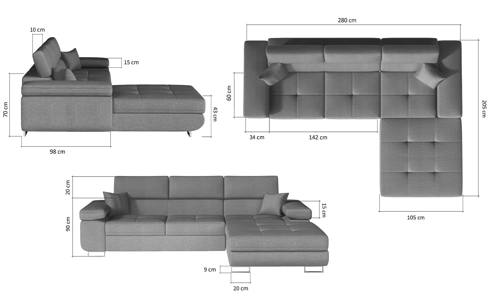 Colțar Extensibil Celis, 280x205cm, Ladă Depozitare, Antracit, Colțul în stânga