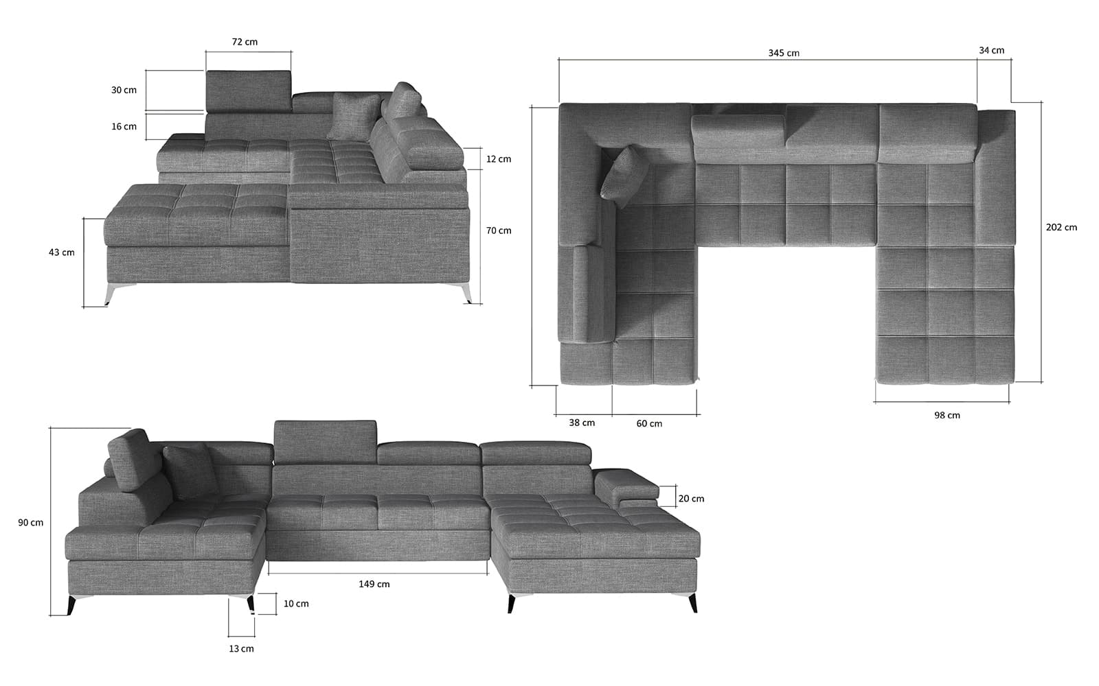 Colțar Formă U, Extensibil Linde, 345x202cm, Personalizabil