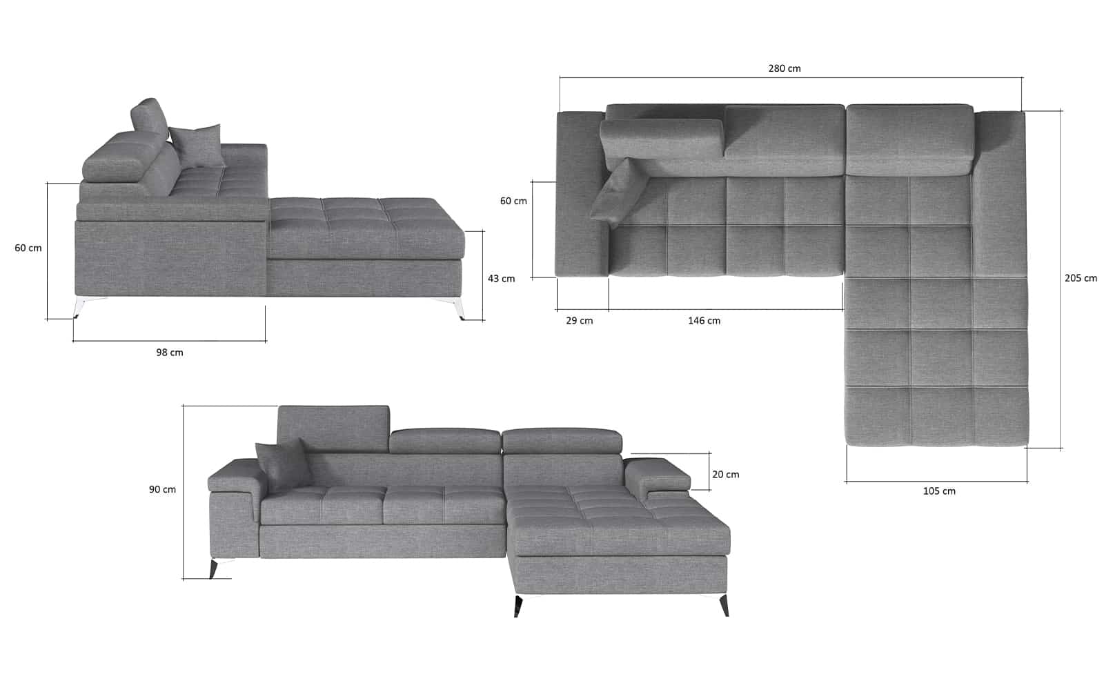 Colțar Extensibil Rita, 280x205cm, Ladă Depozitare, Personalizabil