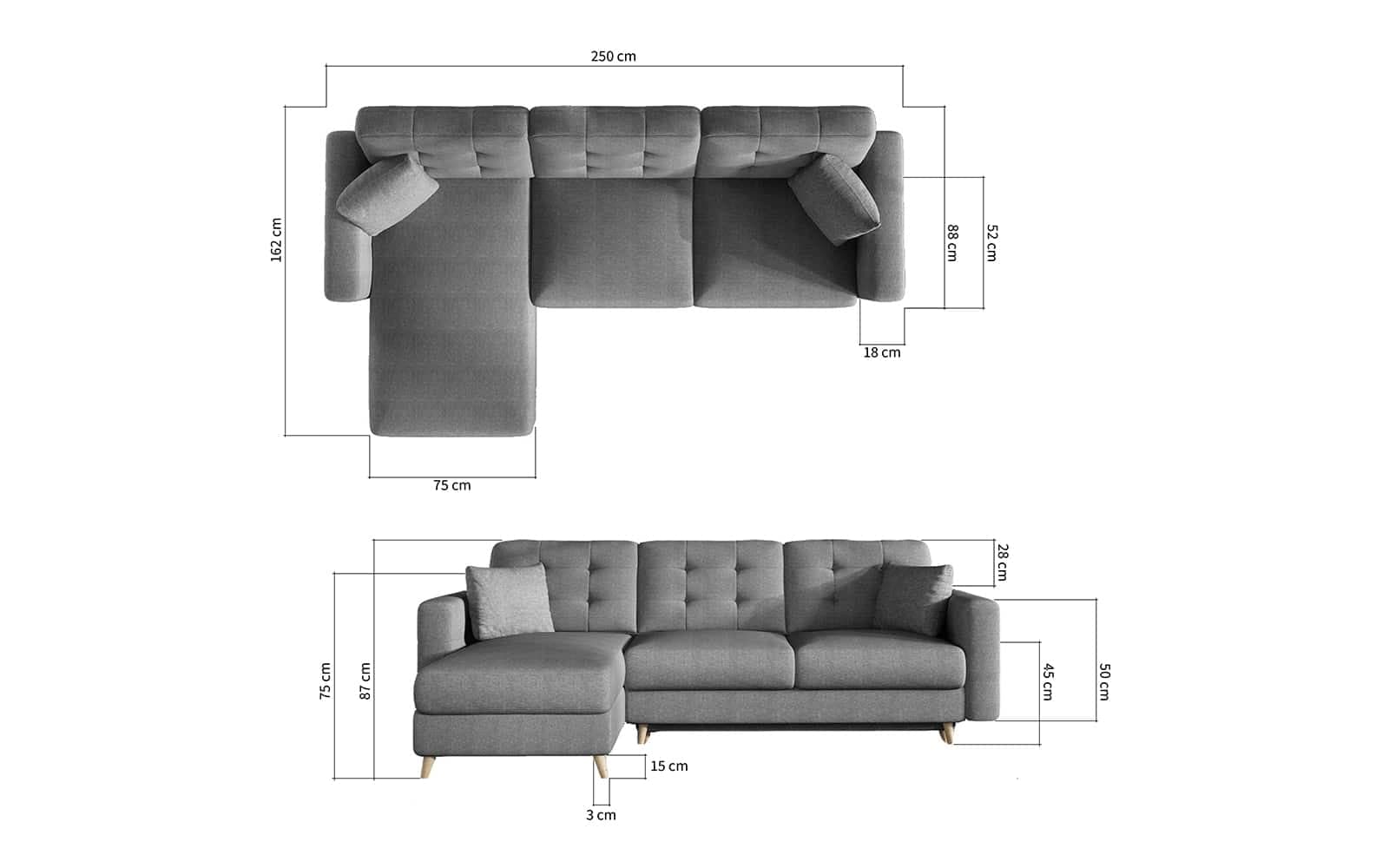 Colțar Extensibil Oslo, 250x162cm, Ladă Depozitare, Personalizabil