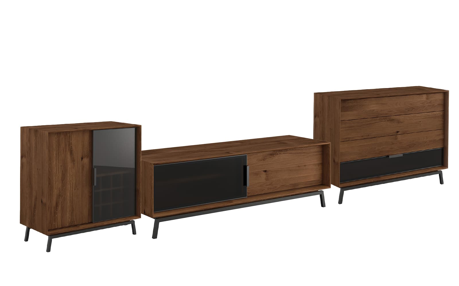 Set Living Madison, Stejar Masiv și Sticlă, 3 Piese