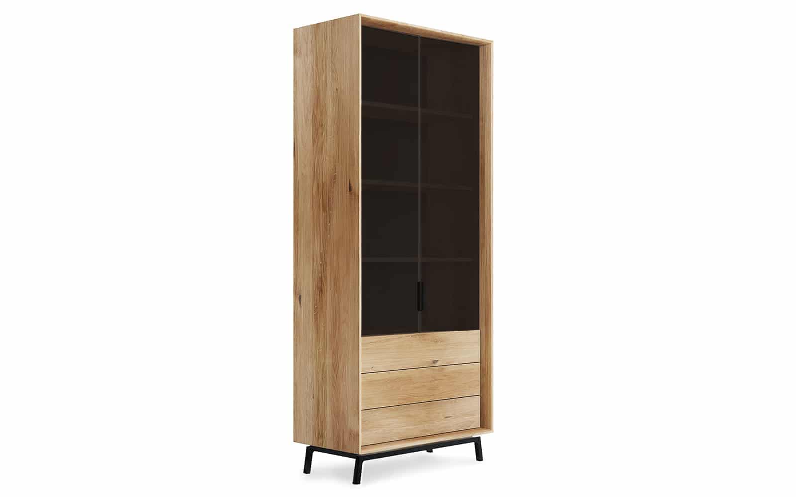 Vitrină Madison, Stejar Masiv și Sticlă, 100x45x185cm