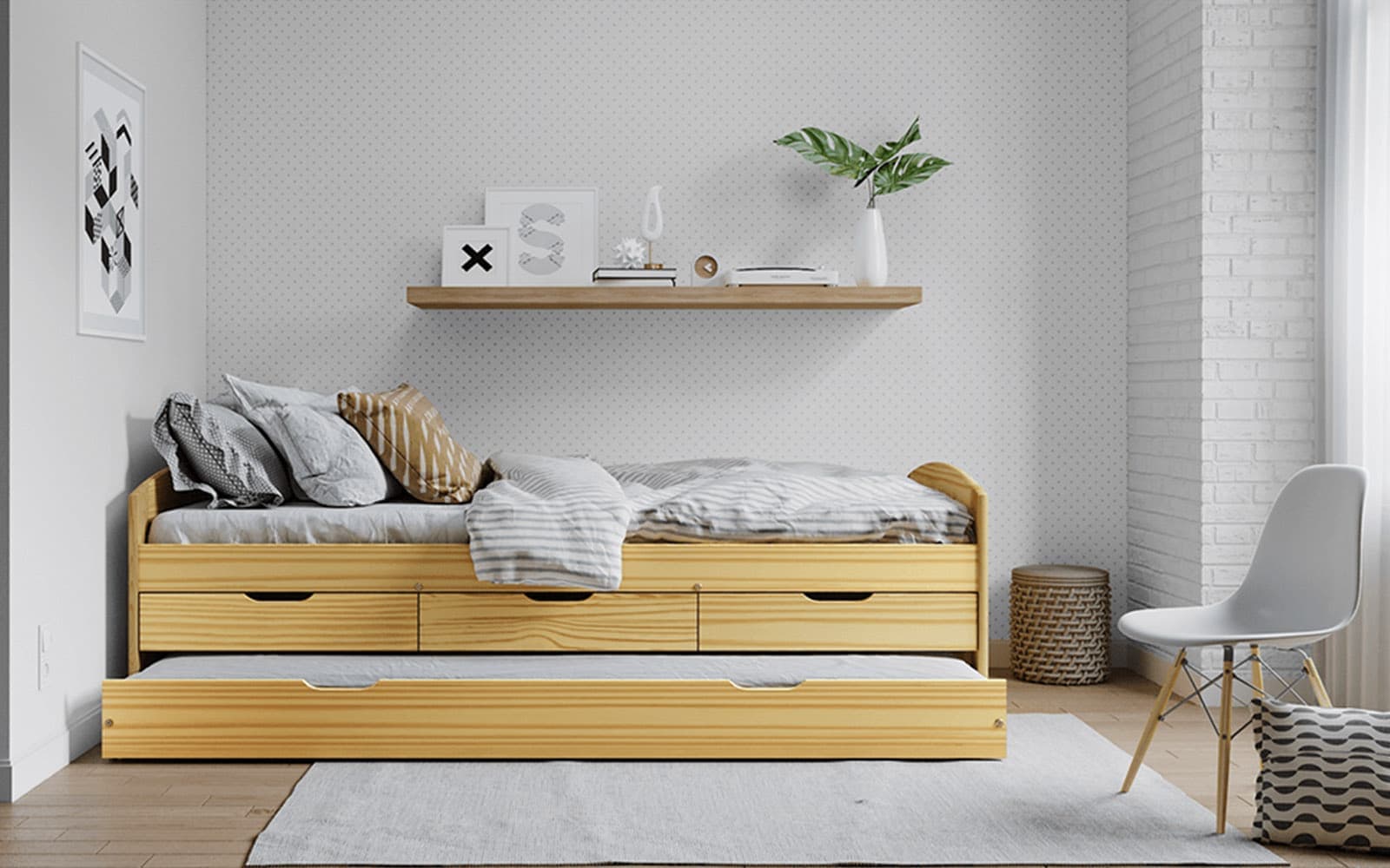 Pat Extensibil Marinella, Lemn masiv pin, 208x96x64.5 cm, Natur