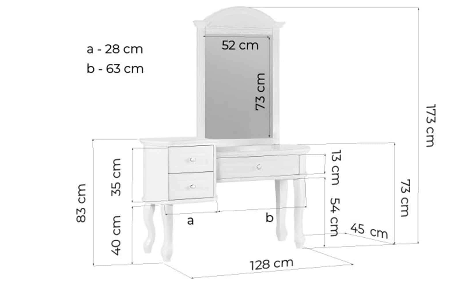 Masa de toaleta cu oglinda Elizabeth, 128x45x173cm, Alb