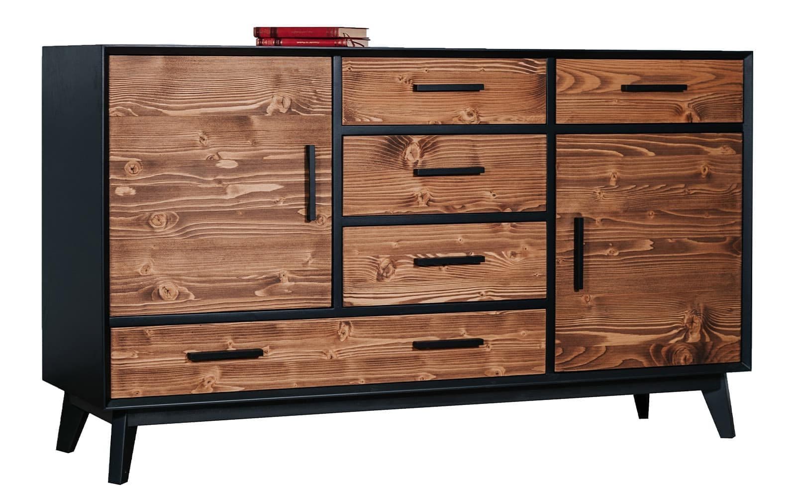 Comoda Timeless, 5 Sertare 2 Uși, Lemn Masiv, 146x45x85 cm, Negru