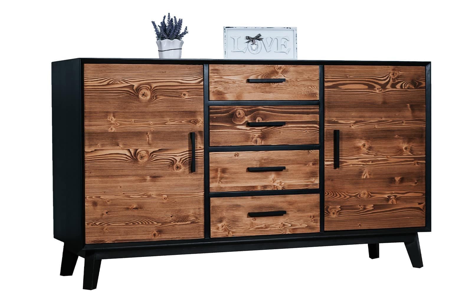 Comoda Timeless, 4 Sertare 2 Uși, Lemn Masiv, 146x45x85 cm, Negru