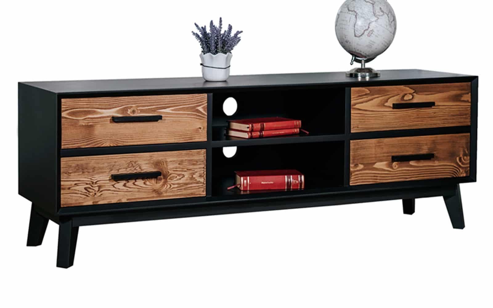 Comoda TV Timeless, 4 Sertare  2 Nișe, Lemn Masiv, 146x40x48 cm, Negru