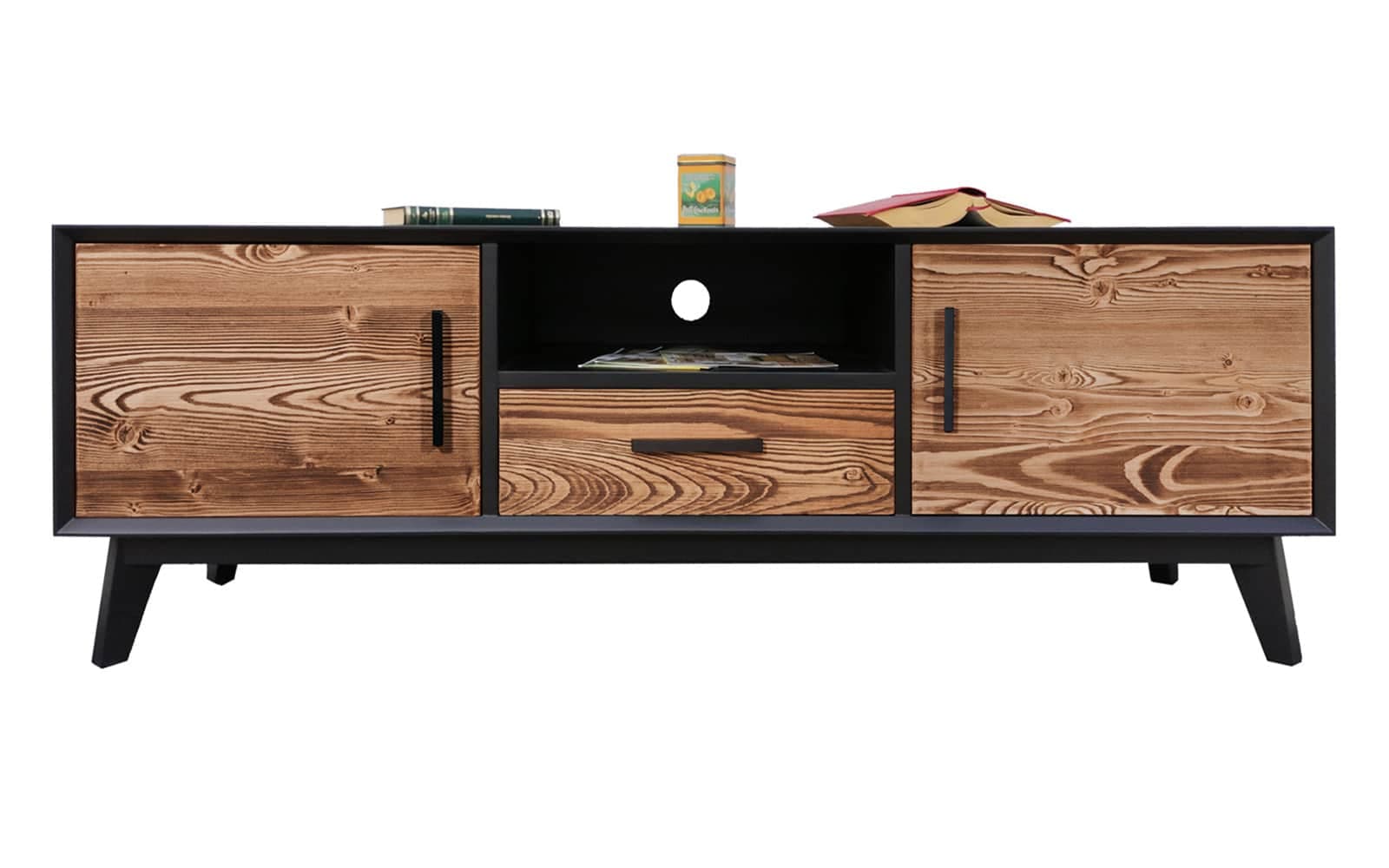 Comoda TV Timeless, 1 Sertar 2 Uși  1 Nișă, Lemn Masiv, 146x40x48 cm, Negru