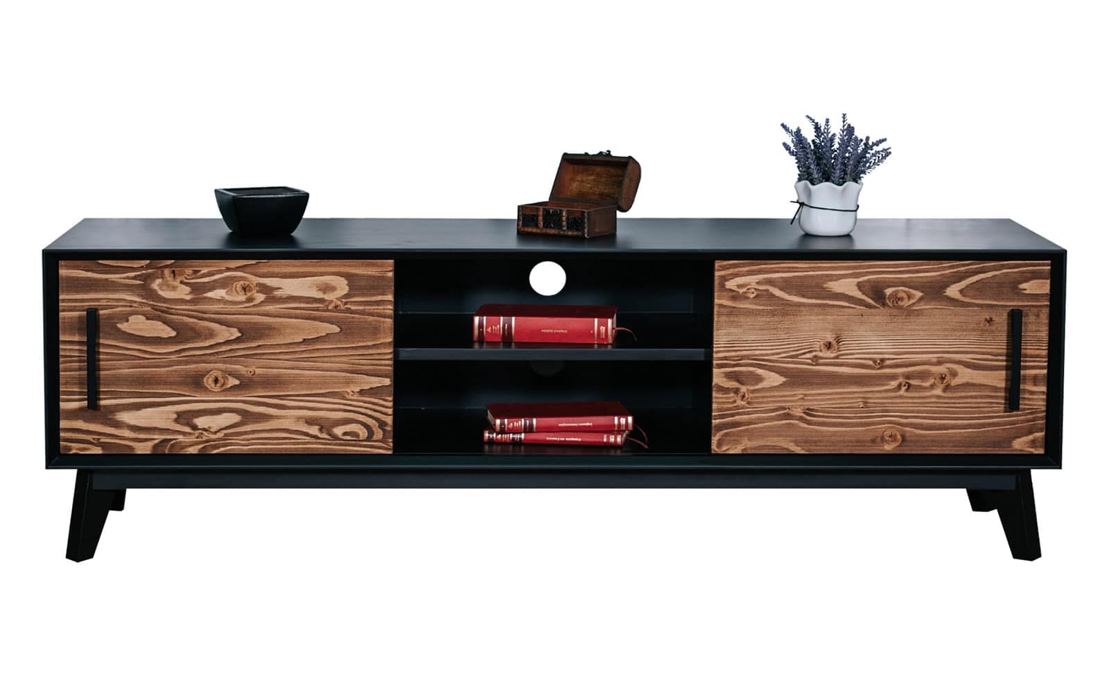 Comoda TV Timeless, 2 Uși culisante  2 Nișe, Lemn Masiv, 146x40x48 cm, Negru