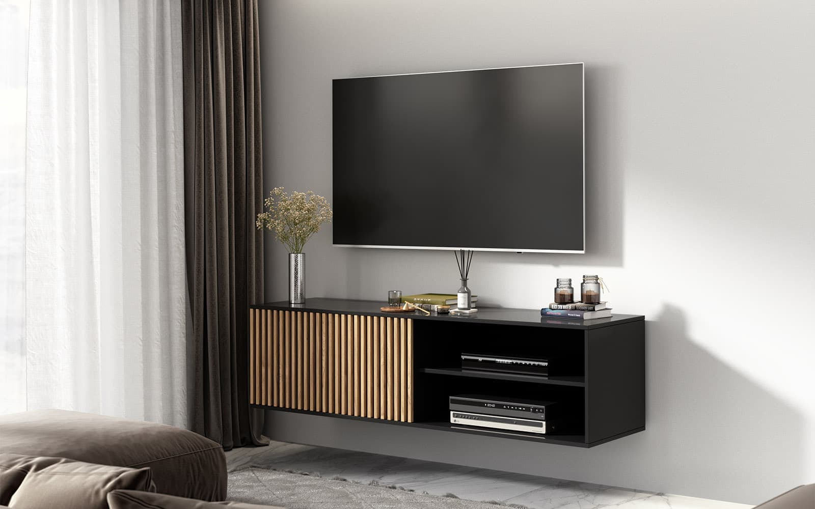Comodă TV Suspendată Sia, 150x40x40cm, Negru