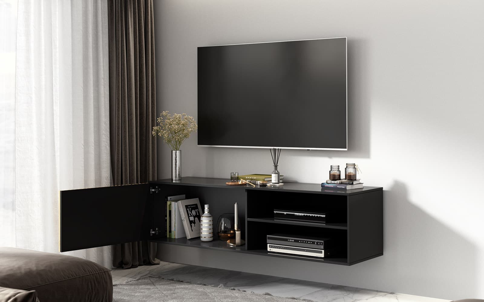 Comodă TV Suspendată Sia, 150x40x40cm, Negru