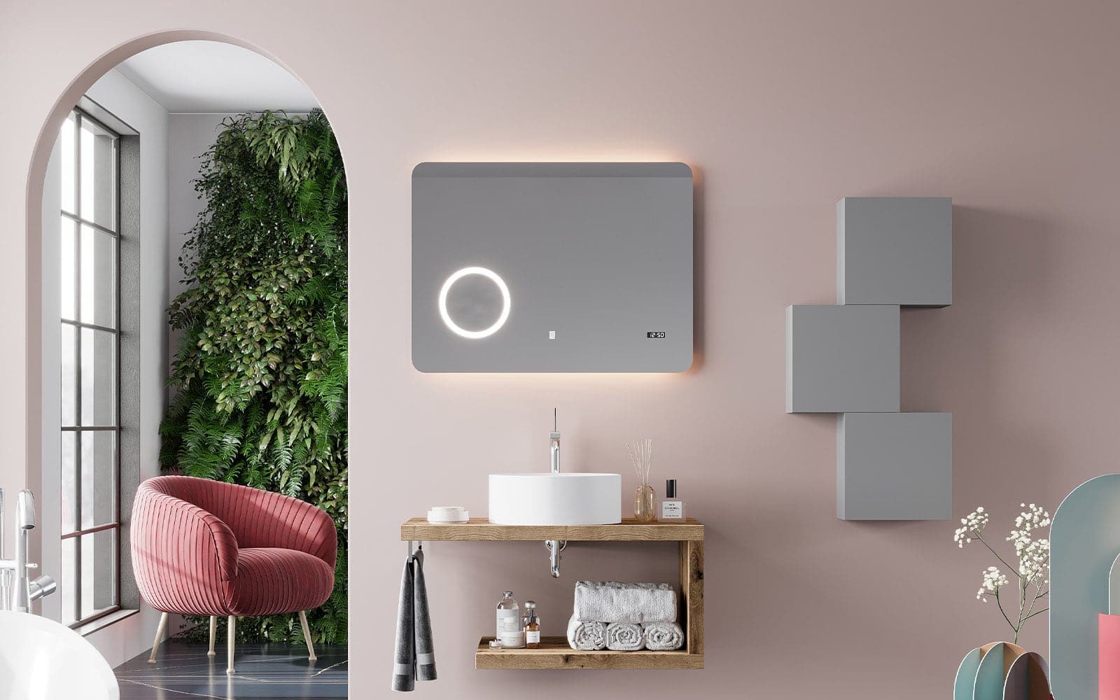 Oglinda cu Ceas, Iluminare LED si Lupa Touch, 100x70cm