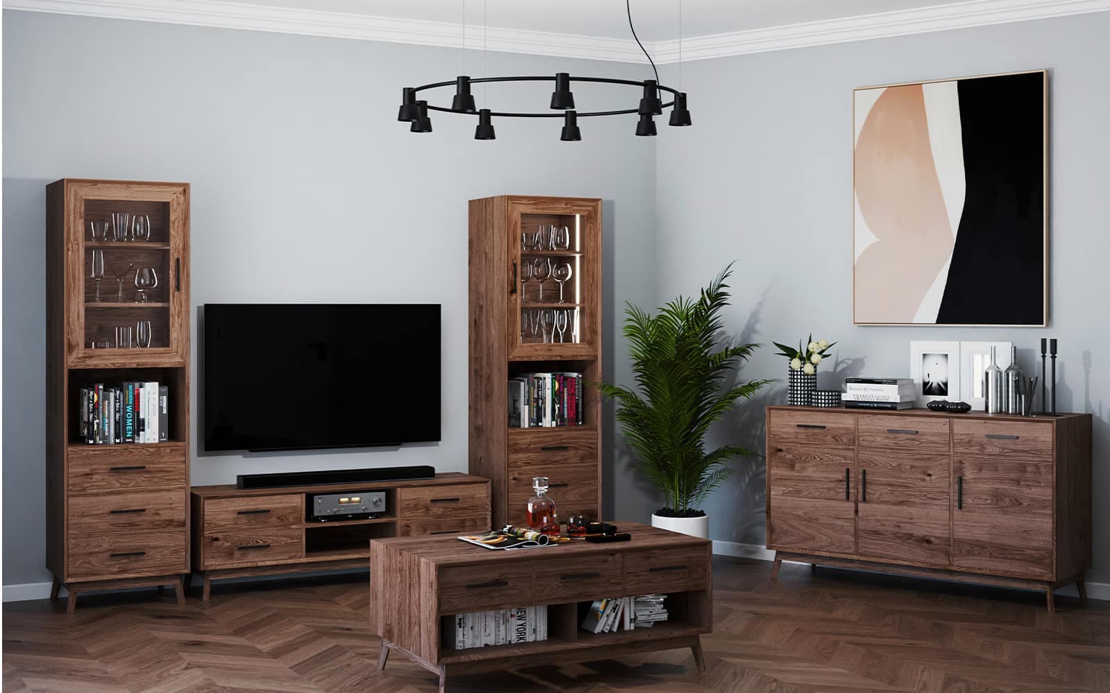 Comoda TV Timeless, 4 Sertare  2 Nișe, Lemn Masiv, 146x40x48 cm, Whisky