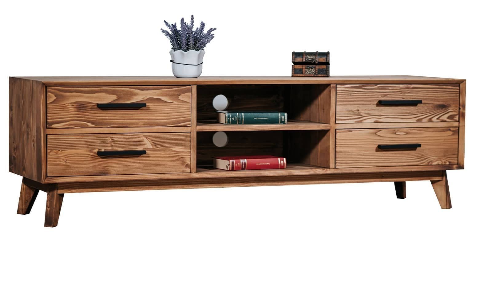 Comoda TV Timeless, 4 Sertare  2 Nișe, Lemn Masiv, 146x40x48 cm, Whisky
