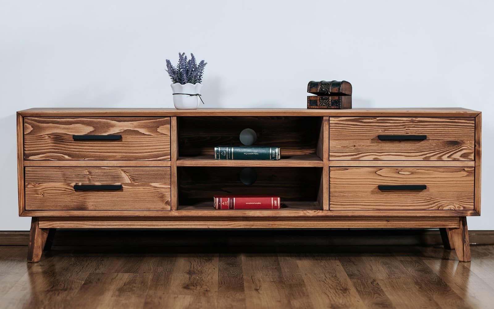 Comoda TV Timeless, 4 Sertare  2 Nișe, Lemn Masiv, 146x40x48 cm, Whisky