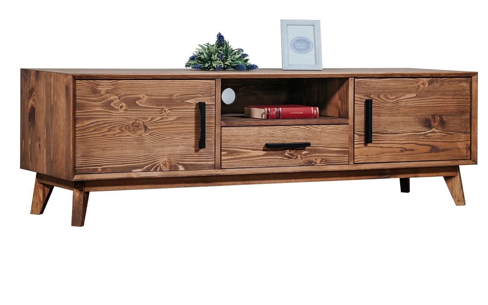 Comoda TV Timeless, 1 Sertar 2 Uși  1 Nișă, Lemn Masiv, 146x40x48 cm, Whisky