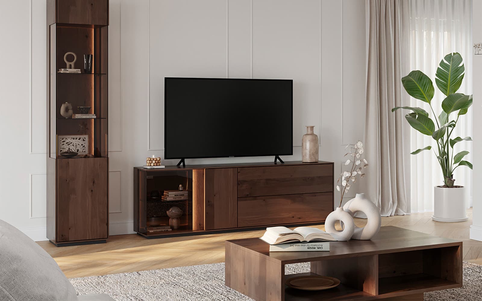 Comodă TV Aurora cu Vitrină, Iluminată, Lemn Masiv Stejar Fumuriu, 165x43.5x60cm