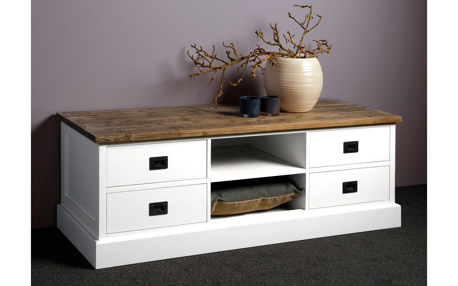 comoda tv alba lemn masiv mobila living 3 Comodă Emily TV, Lemn Masiv, 145x50x50, Alb/Maro - imagine 1