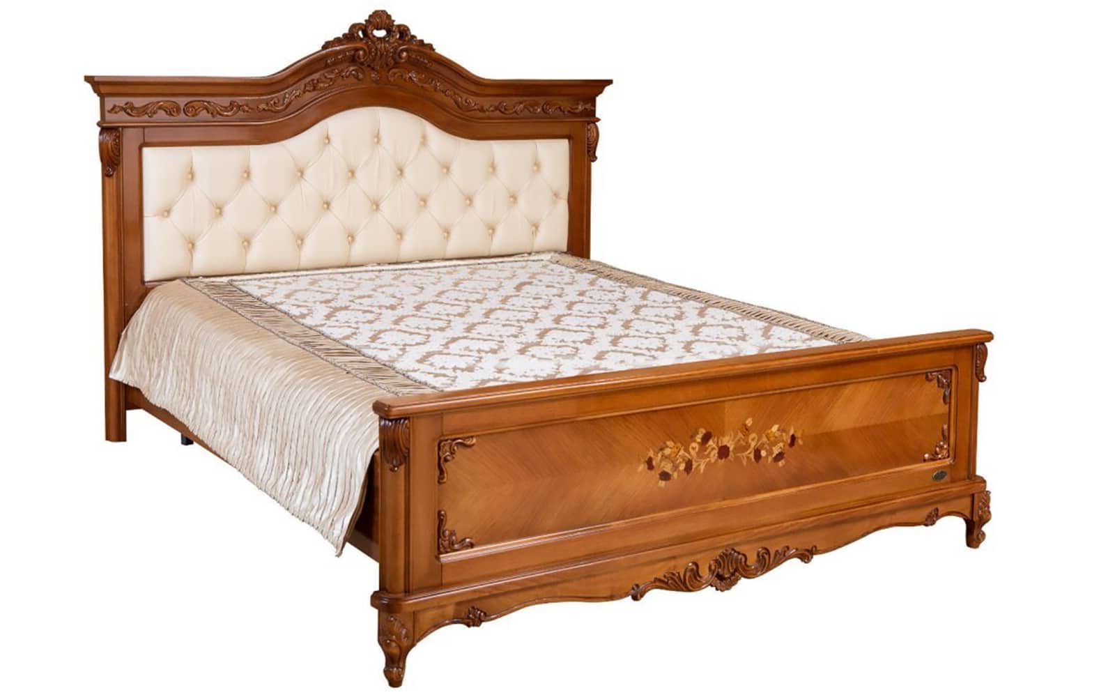 Pat Isadora Lemn Masiv Clasic Tapiterie Piele Intarsie1 Pat Isadora, Lemn Masiv, cu Intarsie și Piele Naturală - imagine 1