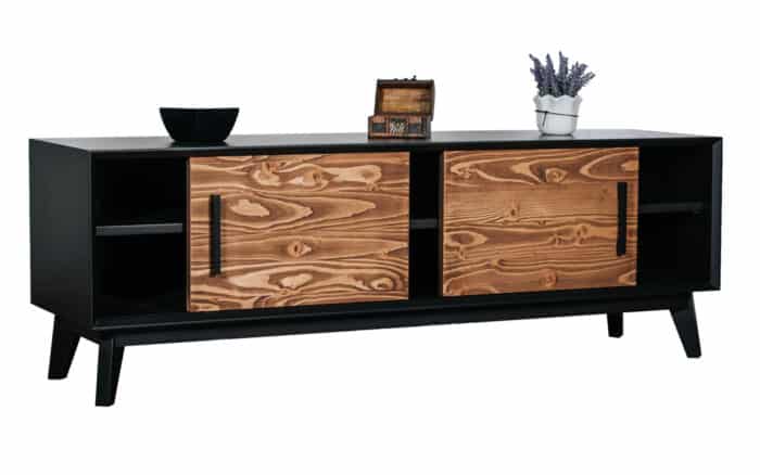 Comoda TV Timeless, 2 Uși culisante  2 Nișe, Lemn Masiv, 146x40x48 cm, Negru - imagine 2
