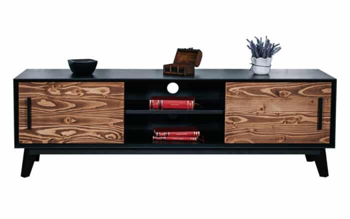 Comoda TV Timeless, 2 Uși culisante  2 Nișe, Lemn Masiv, 146x40x48 cm, Negru