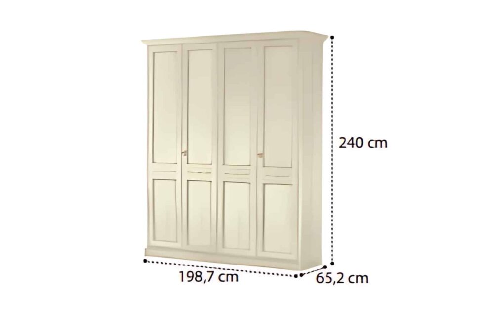 dulap 4 uși bologna, lemn masiv, 199x65x240cm, crem patinat