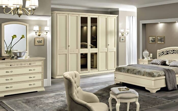 dulap 6 uși bologna, lemn masiv, 291x65x240cm, crem patinat