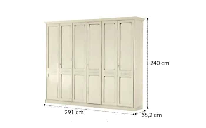 dulap 6 uși bologna, lemn masiv, 291x65x240cm, crem patinat