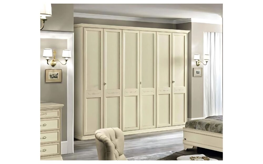 dulap 6 uși bologna, lemn masiv, 291x65x240cm, crem patinat