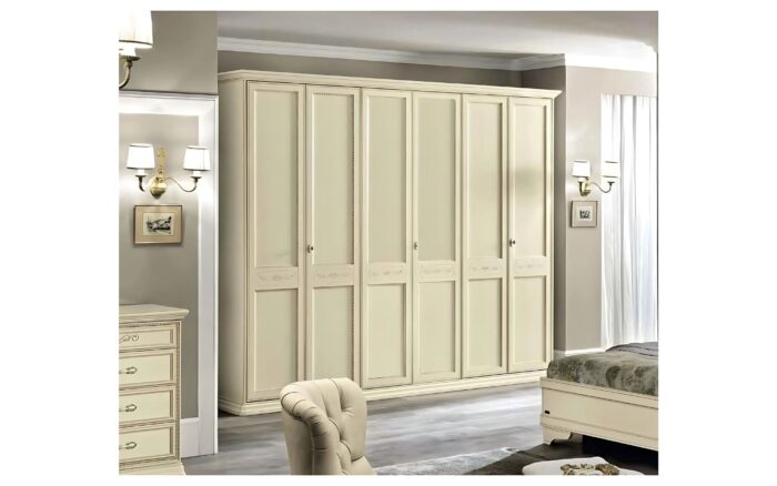 dulap 6 uși bologna, lemn masiv, 291x65x240cm, crem patinat